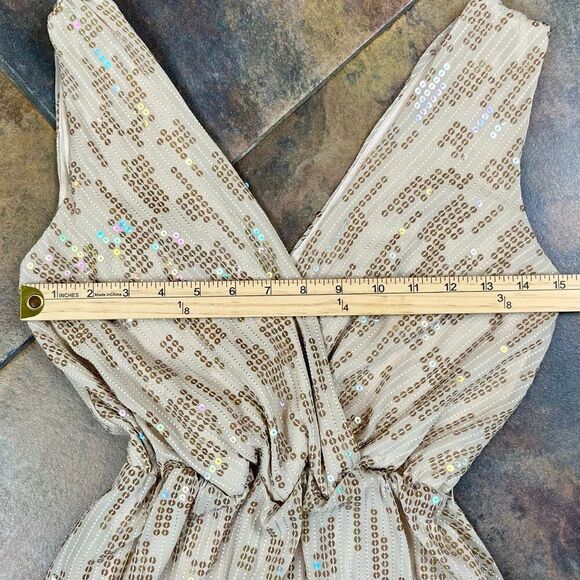 Express Tan Gold Deep V Neck Sleeveless Dress w Sequins XS - Picture 6 of 11